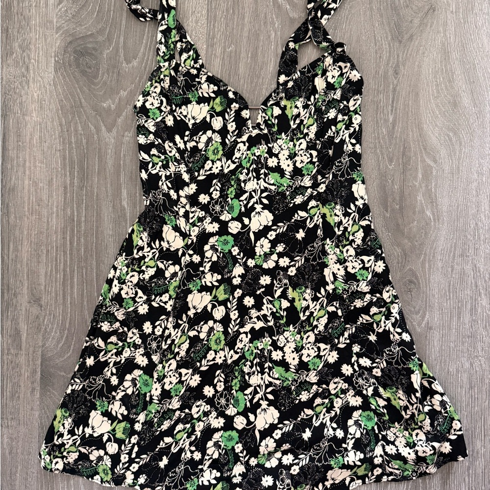 Free People Floral Black and Green Mini Dress